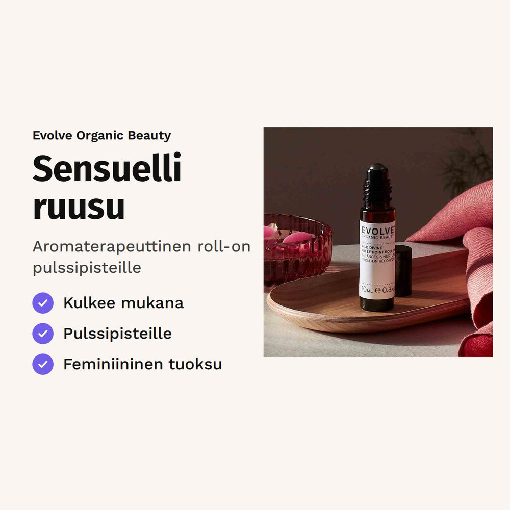 Evolve Wild Divine Pulse Point Roll-On 10 ml. Sensuelli ruusu. Aromaterapeuttinen roll-on pulssipisteille. Kuvassa roll-on-pullo puutarjottimella.