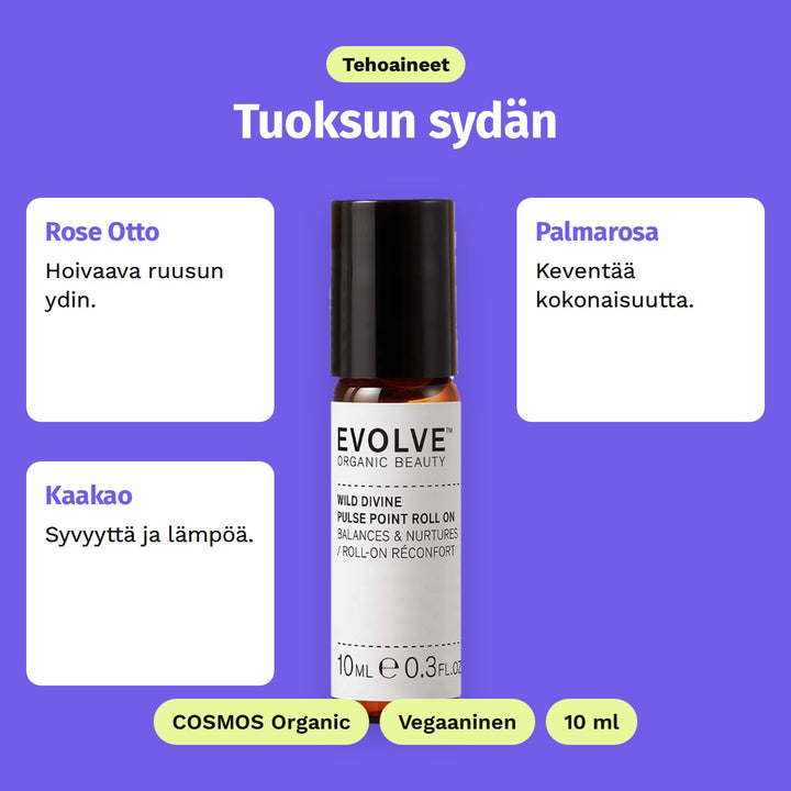 Evolve Wild Divine Pulse Point Roll-On 10 ml, tehoaineet: Rose Otto, Palmarosa ja Kaakao. COSMOS Organic, Vegaaninen ja 10 ml.