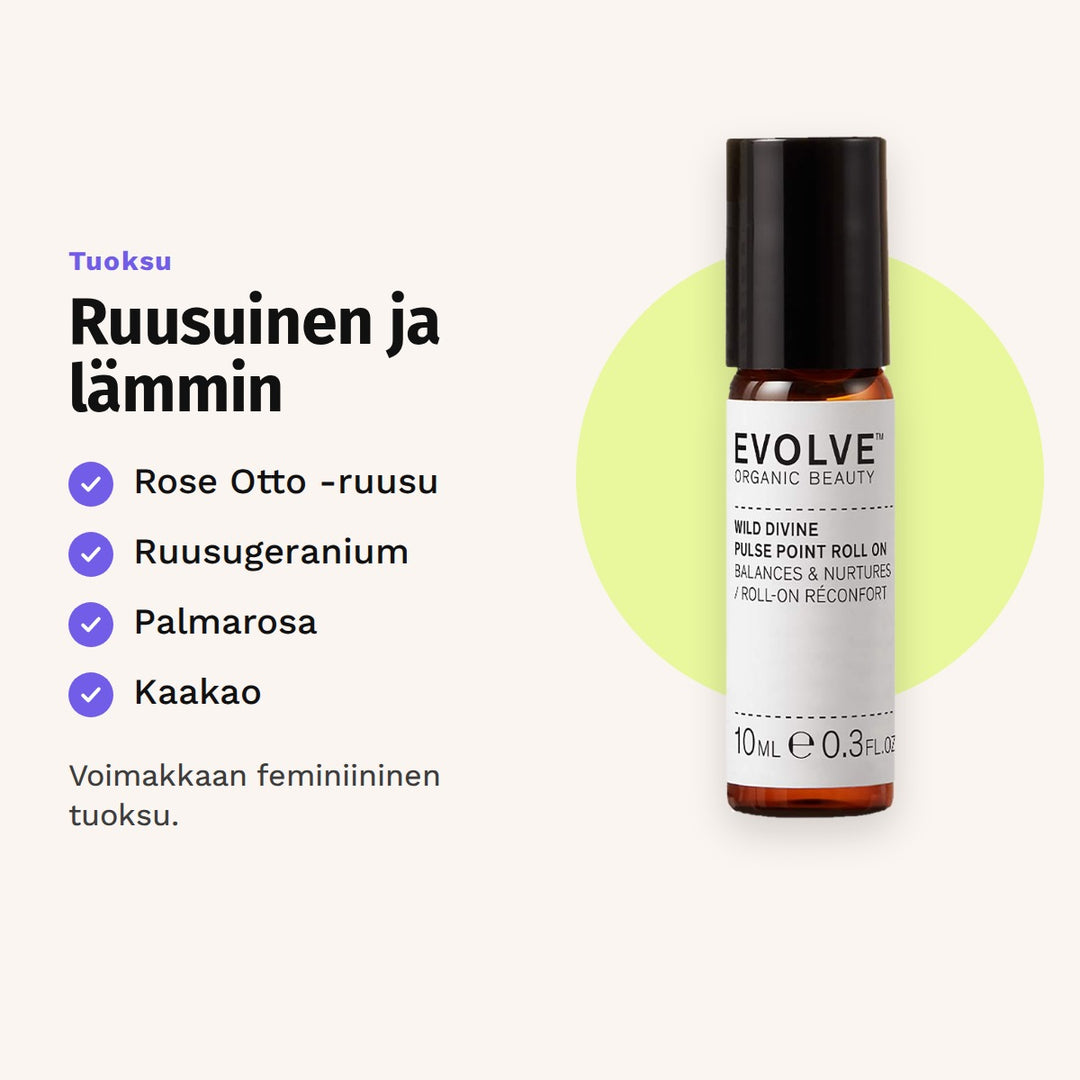 Evolve Wild Divine Pulse Point Roll-On 10 ml tuoksu: Rose Otto -ruusu, ruusugeranium, palmarosa ja kaakao.