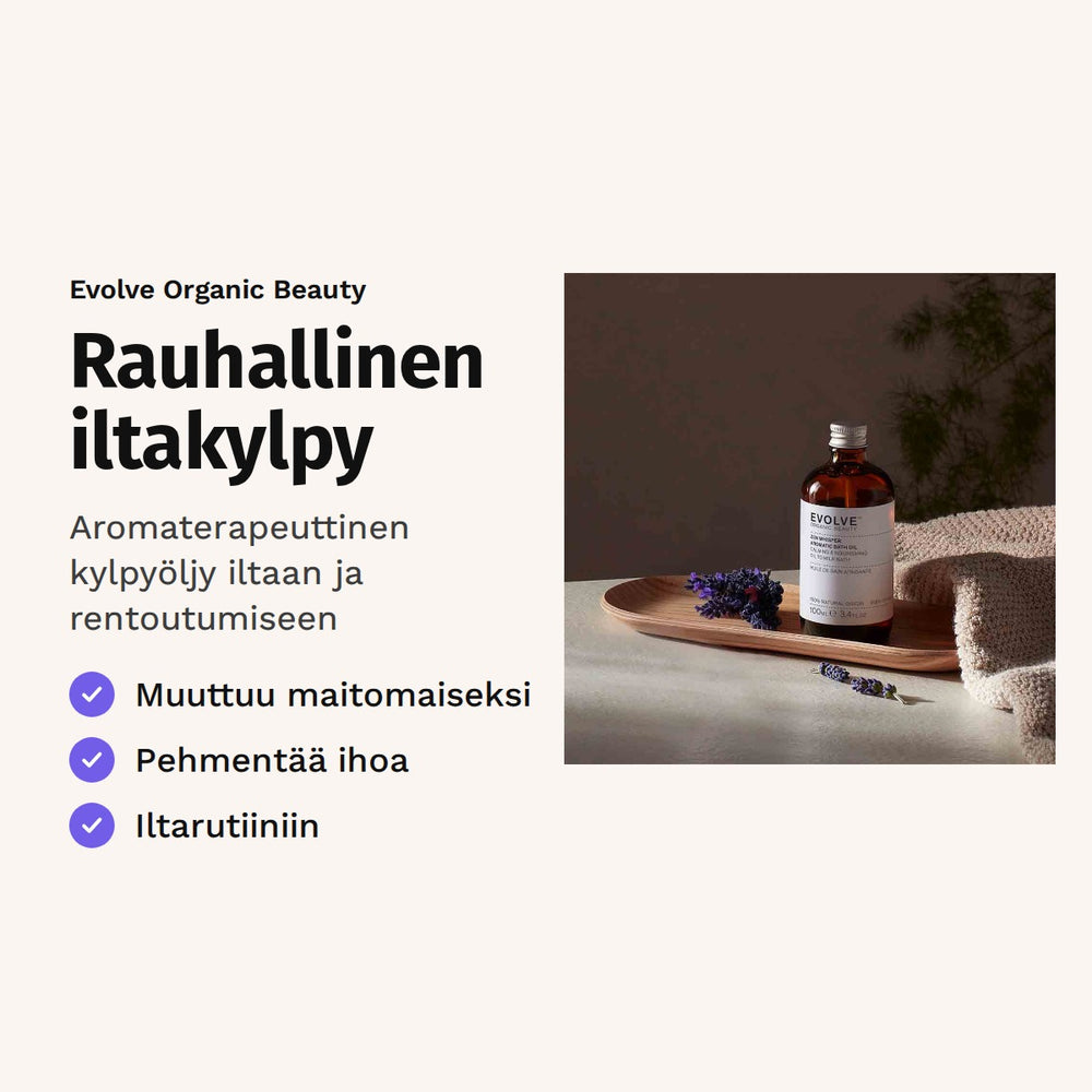 Evolve Zen Whisper Bath Oil 100 ml. Rauhallinen iltakylpy. Aromaterapeuttinen kylpyöljy iltaan ja rentoutumiseen. Kuvassa öljypullo ja laventelia.