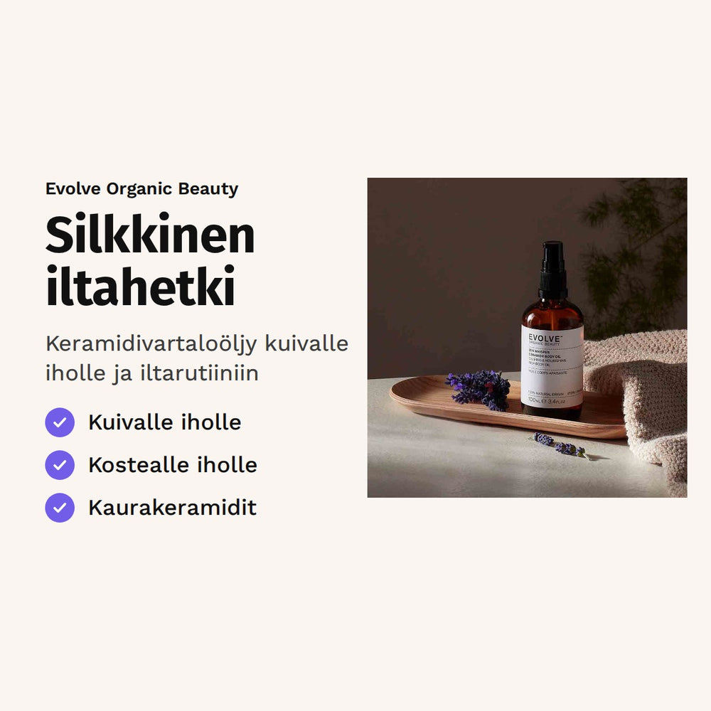 Evolve Zen Whisper Body Oil 100 ml. Silkkinen iltahetki. Keramidivartaloöljy kuivalle iholle ja iltarutiiniin. Kuvassa öljypullo ja laventelia.
