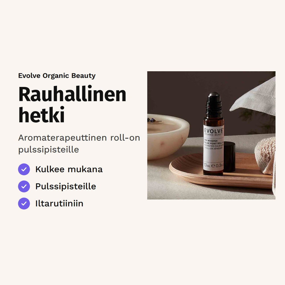 Evolve Zen Whisper Pulse Point Roll-On 10 ml. Rauhallinen hetki. Aromaterapeuttinen roll-on pulssipisteille. Kuvassa roll-on-pullo puutarjottimella.