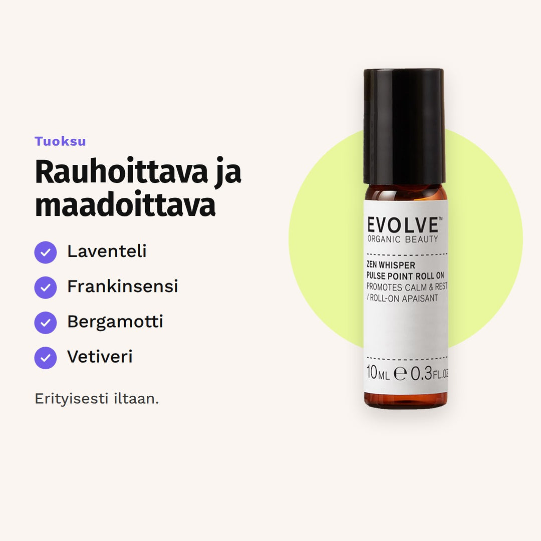 Evolve Zen Whisper Pulse Point Roll-On 10 ml tuoksu: laventeli, frankinsensi, bergamotti ja vetiveri.