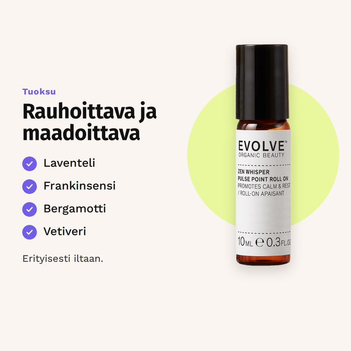Evolve Zen Whisper Pulse Point Roll-On 10 ml tuoksu: laventeli, frankinsensi, bergamotti ja vetiveri.