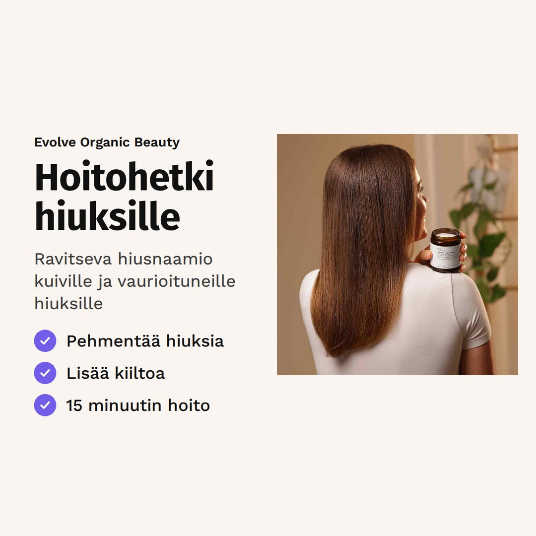 Evolve Superfood Shine Hair Mask 180 ml. Hoitohetki hiuksille. Ravitseva hiusnaamio kuiville ja vaurioituneille hiuksille. Kuvassa nainen, jolla pitkät kiiltävät hiukset.