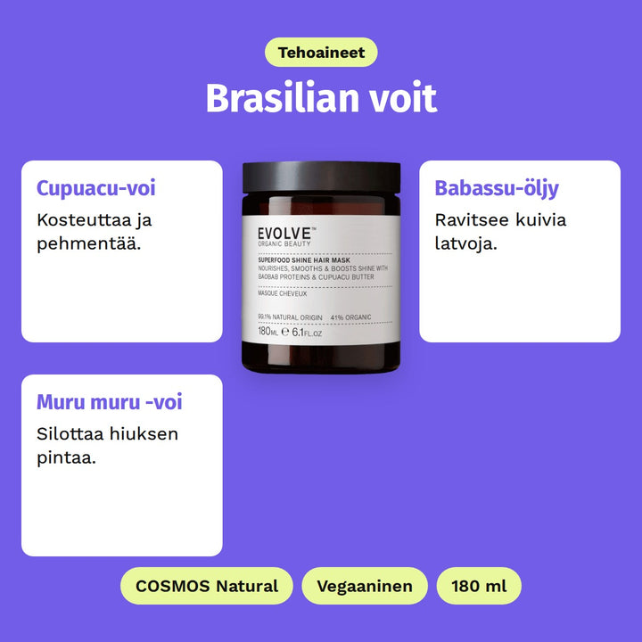 Evolve Superfood Shine Hair Mask 180 ml, tehoaineet: Cupuacu-voi, Babassu-öljy ja Muru muru -voi. COSMOS Natural, Vegaaninen ja 180 ml.