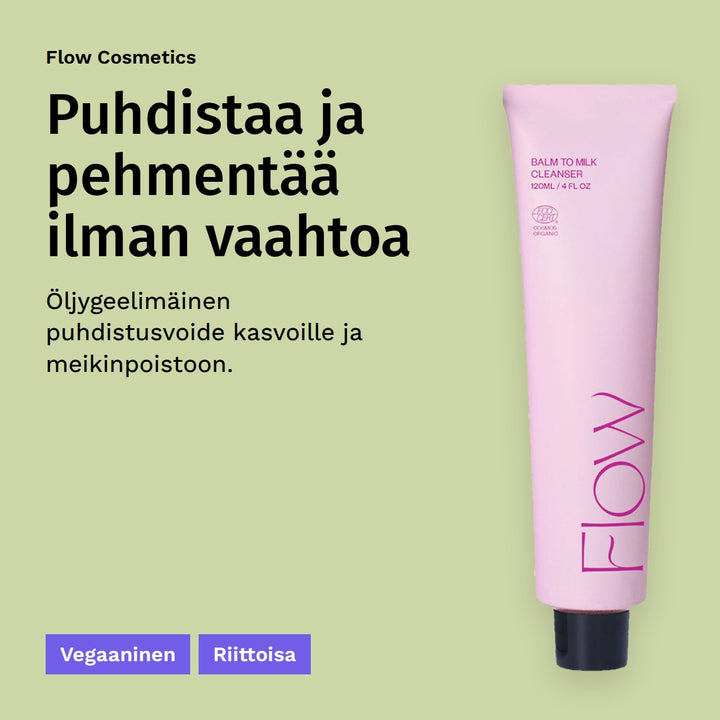 Flow Cosmetics Balm to Milk Cleanser Puhdistusvoide 120ml. Puhdistaa ja pehmentää ilman vaahtoa. Öljygeelimäinen puhdistusvoide kasvoille ja meikinpoistoon. Vegaaninen. Riittoisa.