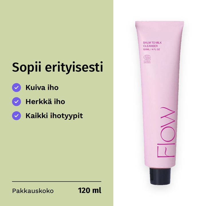 Flow Cosmetics Balm to Milk Cleanser Puhdistusvoide 120ml. Sopii erityisesti: kuiva iho, herkkä iho, kaikki ihotyypit. Pakkauskoko 120 ml.