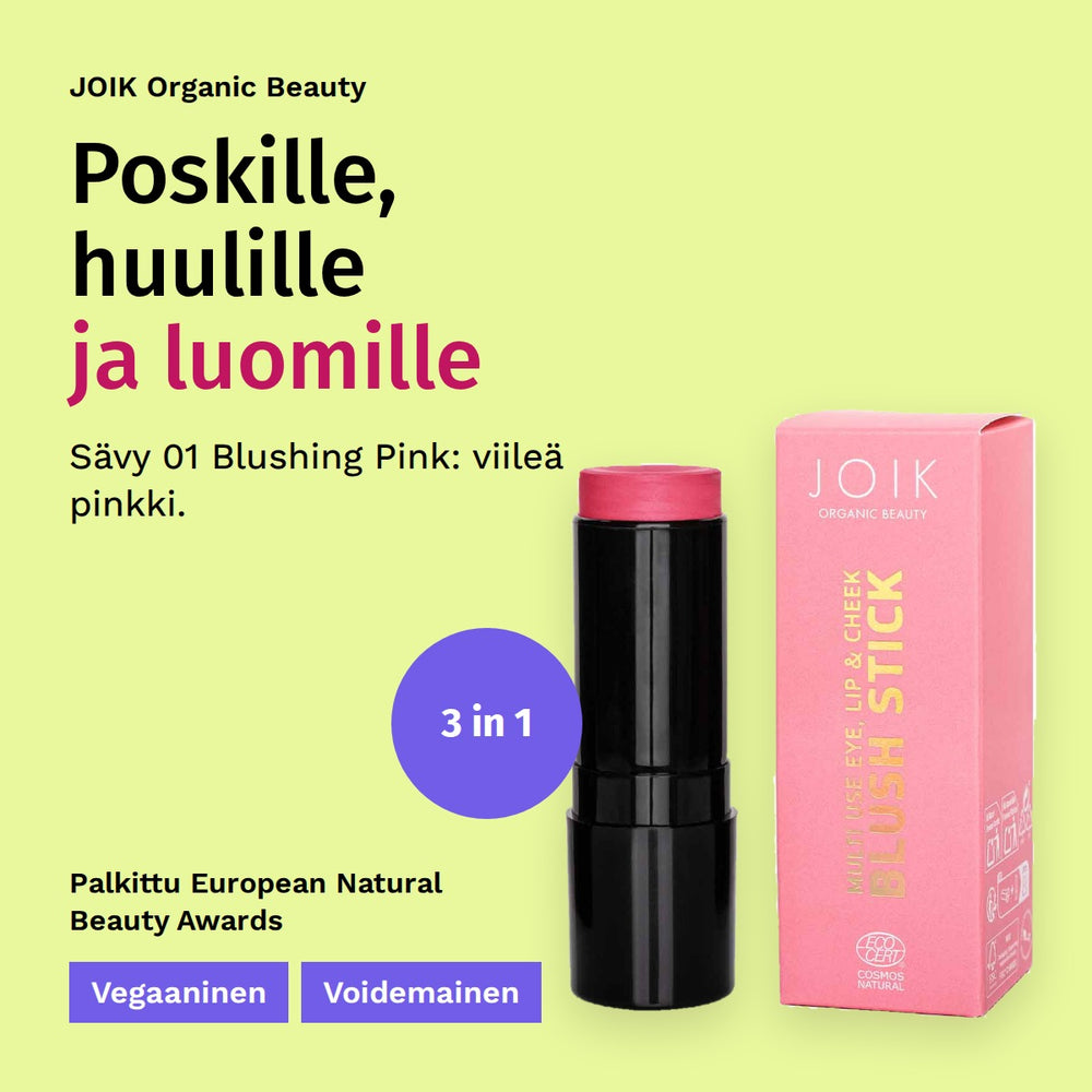 JOIK Organic Beauty 3in1 Make Up Stick 8,5g 01 Blushing Pink. Poskille, huulille ja luomille. Sävy 01 Blushing Pink: viileä pinkki. Vegaaninen. Voidemainen. Palkittu European Natural Beauty Awards. 3 in 1.