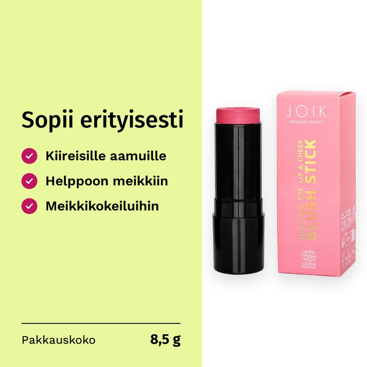 JOIK Organic Beauty 3in1 Make Up Stick 8,5g 01 Blushing Pink. Sopii erityisesti: kiireisille aamuille, helppoon meikkiin, meikkikokeiluihin. Pakkauskoko 8,5 g.