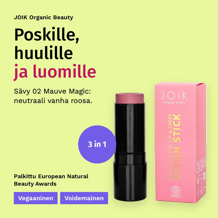 JOIK Organic Beauty 3in1 Make Up Stick 8,5g 02 Mauve Magic. Poskille, huulille ja luomille. Sävy 02 Mauve Magic: neutraali vanha roosa. Vegaaninen. Voidemainen. Palkittu European Natural Beauty Awards. 3 in 1.