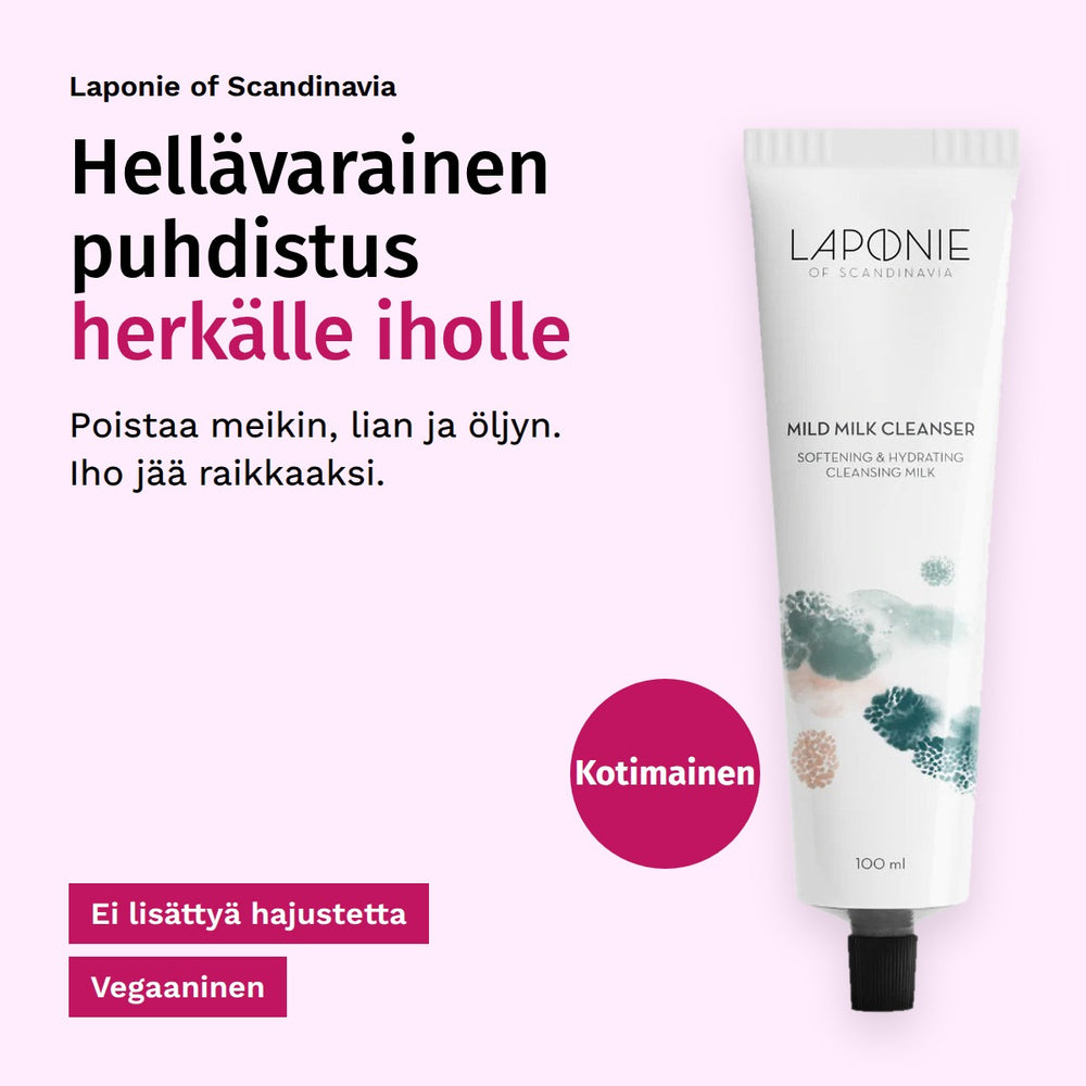 Laponie of Scandinavia Mild Milk Cleanser Puhdistusmaito 100ml. Hellävarainen puhdistus herkälle iholle. Poistaa meikin, lian ja öljyn. Iho jää raikkaaksi. Ei lisättyä hajustetta. Vegaaninen. Kotimainen.