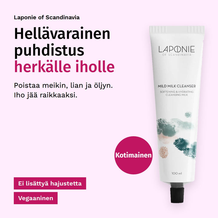 Laponie of Scandinavia Mild Milk Cleanser Puhdistusmaito 100ml. Hellävarainen puhdistus herkälle iholle. Poistaa meikin, lian ja öljyn. Iho jää raikkaaksi. Ei lisättyä hajustetta. Vegaaninen. Kotimainen.