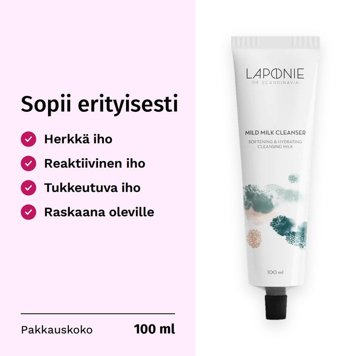 Laponie of Scandinavia Mild Milk Cleanser Puhdistusmaito 100ml. Sopii erityisesti: herkkä iho, reaktiivinen iho, tukkeutuva iho, raskaana oleville. Pakkauskoko 100 ml.