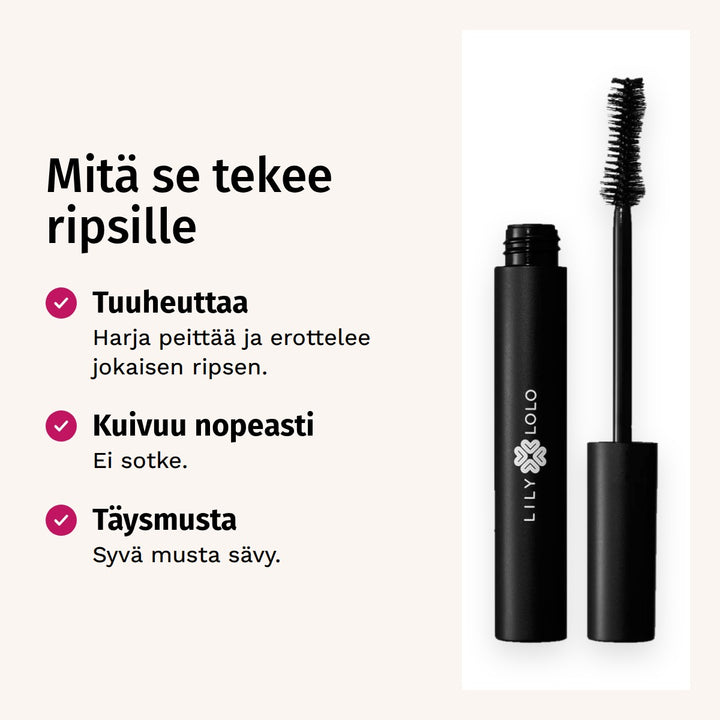 Lily Lolo Big Lash Mascara Musta 6,5 ml. Mitä se tekee ripsille. Tuuheuttaa: Harja peittää ja erottelee jokaisen ripsen. Kuivuu nopeasti: Ei sotke. Täysmusta: Syvä musta sävy.