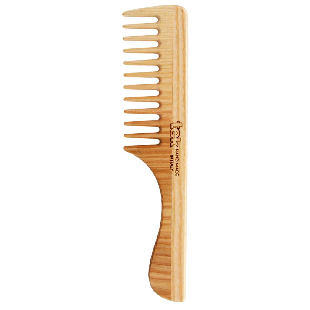 TEK Wooden detangling comb with handle wide teeth